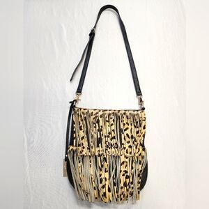 Urban Orginal Women's Brown/Black Leather Fringe  Animal Print Crossbody Bag